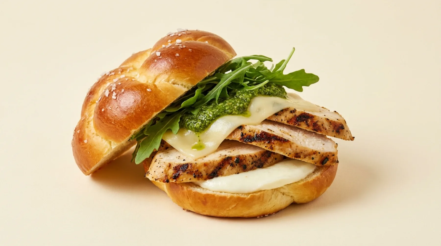 Paola's Braid, grilled chicken breast, mozzarella and provolone, basil pesto, arugula