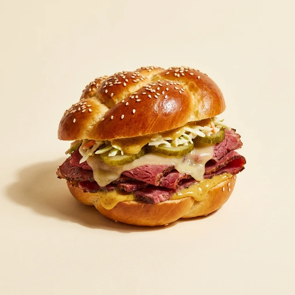 The Pastrami, pastrami, Swiss, pickles, slaw, Golden Sauce